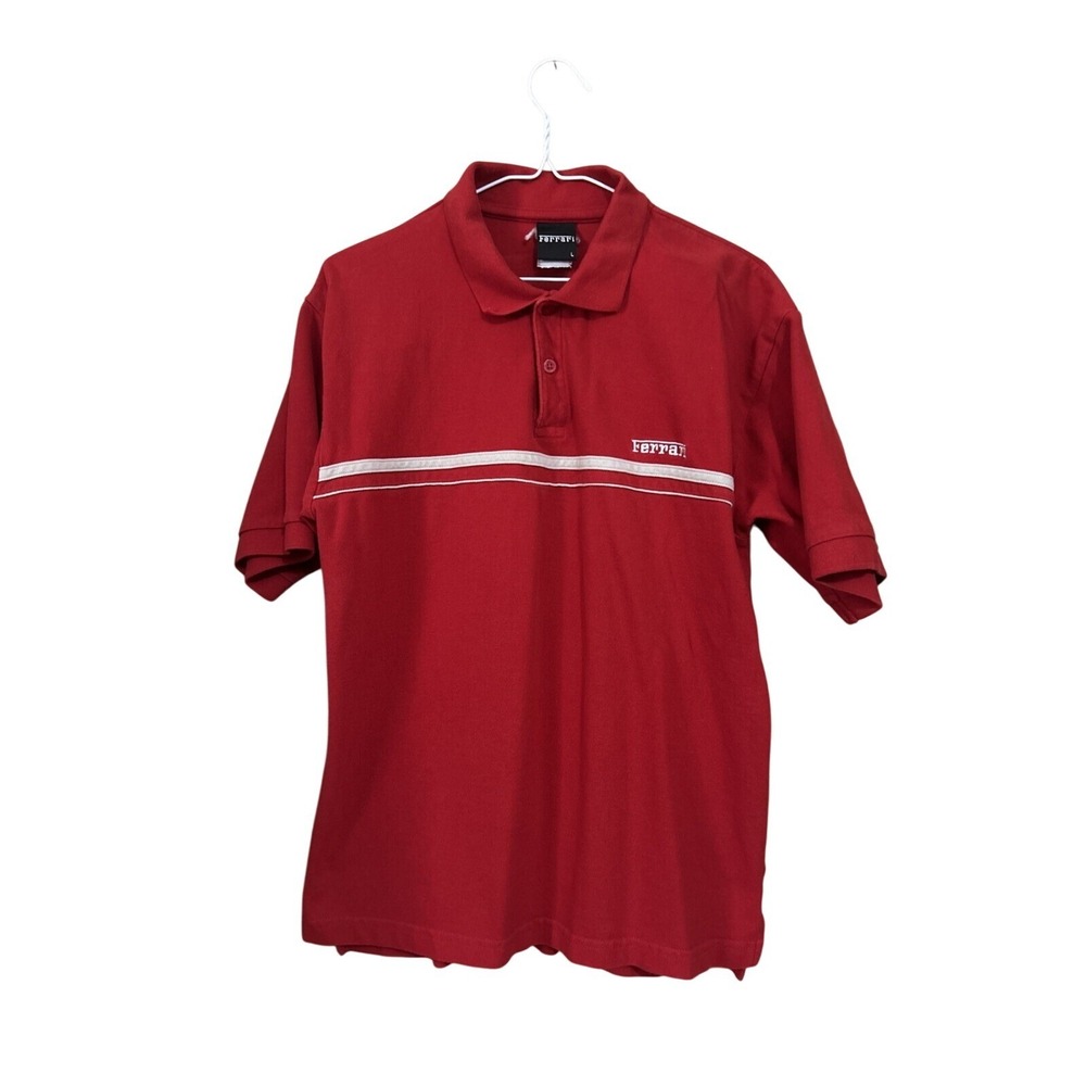 Vintage Red Ferrari L Short Sleeve Polo Shirt Embroidered Spell Out Official‎